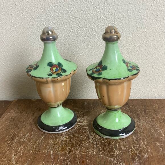 VTG Salt and Pepper Green‎ Orange 1930s Lusterware hand painted Floral Japan - Picture 3 of 9